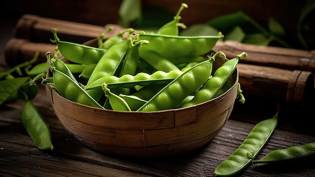 Guisantes de azúcar con menta sobre un fondo de madera rústica IA generativa