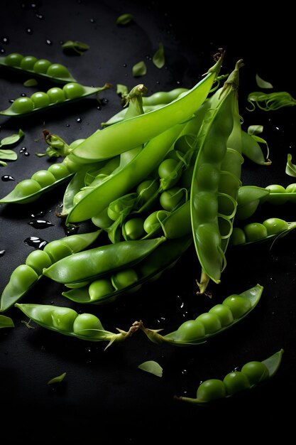 los guisantes verdes se colocan sobre una superficie negra