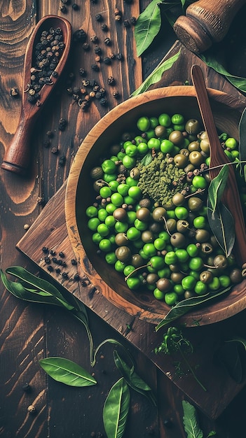 Guisantes verdes en un cuenco de madera con especias