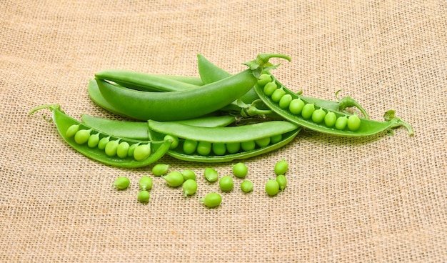 guisantes verdes en el fondo del saco