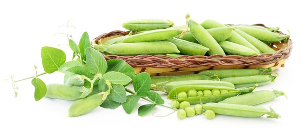 Guisantes verdes frescos en la cesta sobre un fondo blanco.