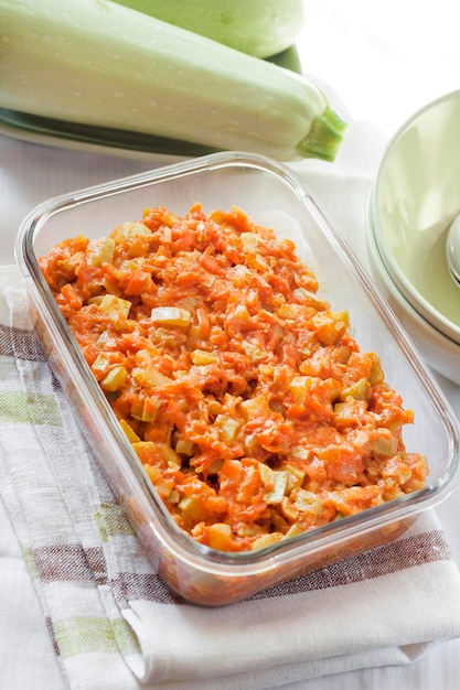 Guiso de calabaza con zanahoria y tomate en un plato cuadrado de vidrio