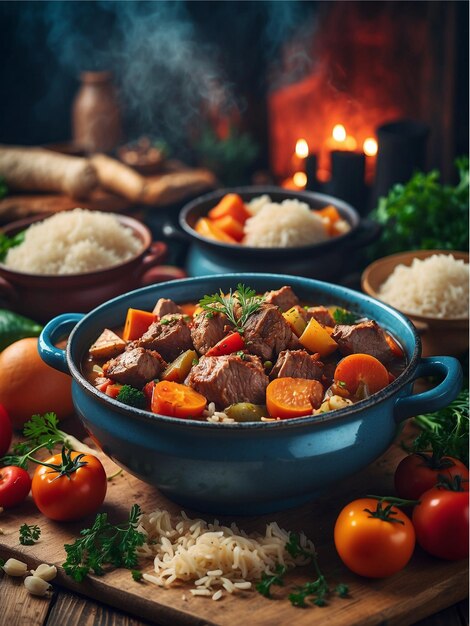 Guiso de carne recién hecha con arroz y