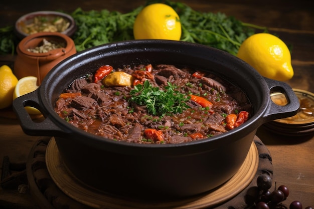 Guiso de feijoada brasileña en una olla de hierro fundido