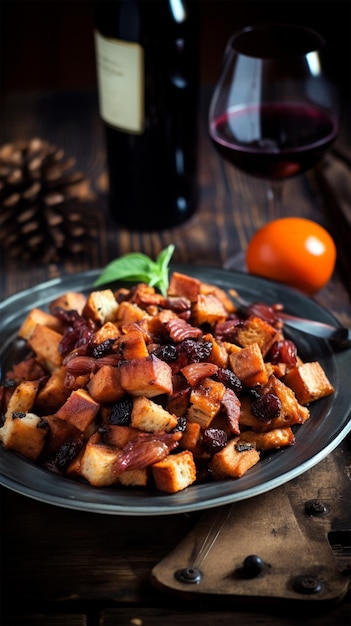 Guiso de patatas en un plato negro generado por IA