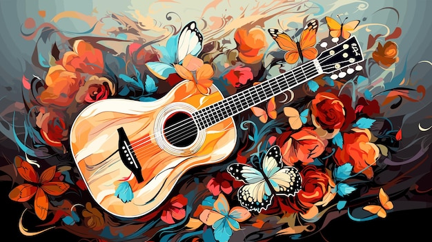 Guitarra abstrata e flores com borboletas