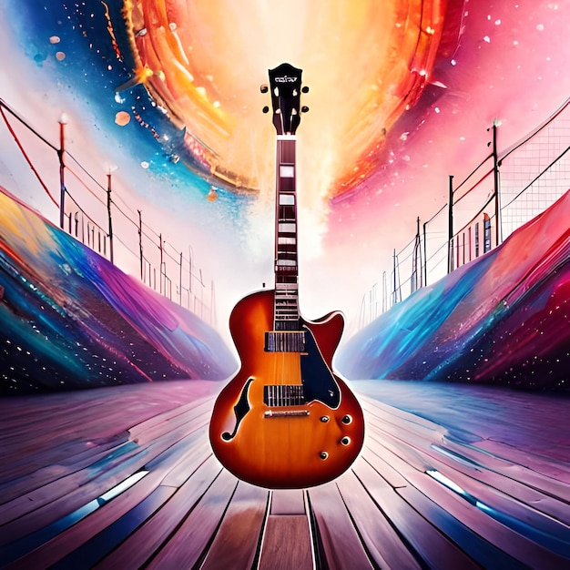 guitarra acuarela abstracta explotando con movimiento colorido