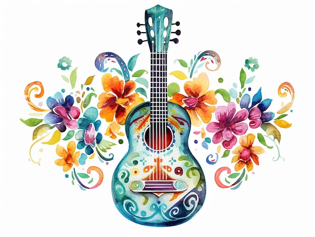 Foto guitarra de acuarela con flores sobre un fondo blanco