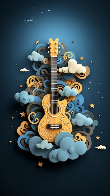 Guitarra acústica 3d corte de papel ilustração dia mundial da música