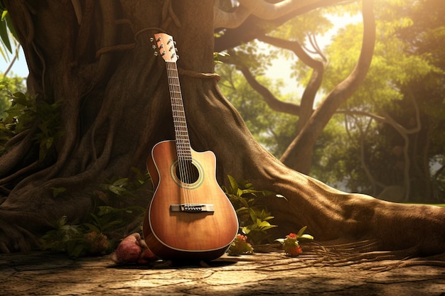 Guitarra acústica apoiada contra uma árvore velha natureza 00346 00