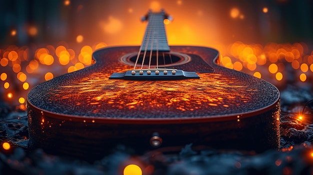 Guitarra acústica em fundo bokeh Conceito musical