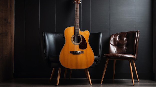 Una guitarra acústica está sentada en un soporte frente a una pared oscura hay una silla de cuero marrón para