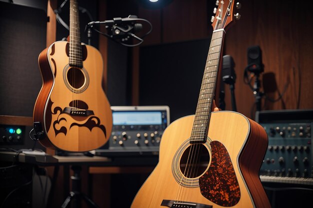 Guitarra acústica fotográfica em estúdio de gravação