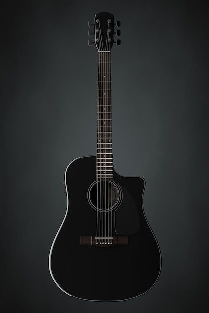 Guitarra acústica de madera negra sobre fondo negro. Representación 3D