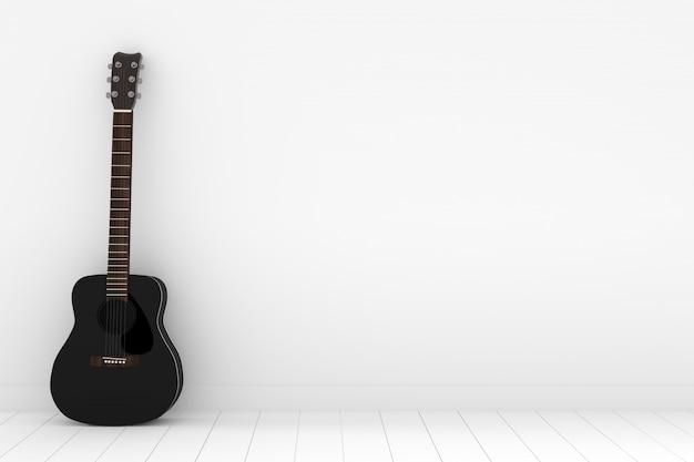 Guitarra acústica negra en sala blanca vacía en renderizado 3D