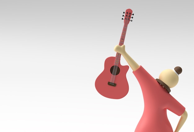 Guitarra acústica de renderizado 3d con personajes de dibujos animados de mujer diseño de ilustración 3d.