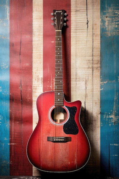 Guitarra acústica roja sobre un fondo de madera