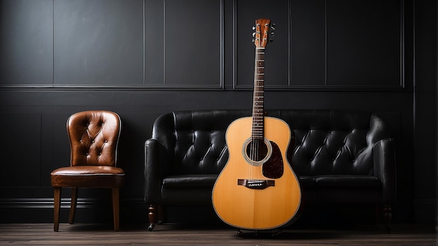 Foto una guitarra acústica está sentada en un soporte frente a una pared oscura hay una silla de cuero marrón para