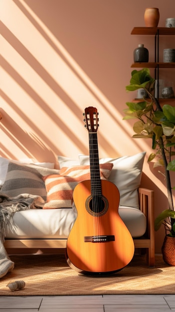 Una guitarra adorna el moderno y acogedor interior de la acogedora sala de estar Vertical Mobile Wallpaper