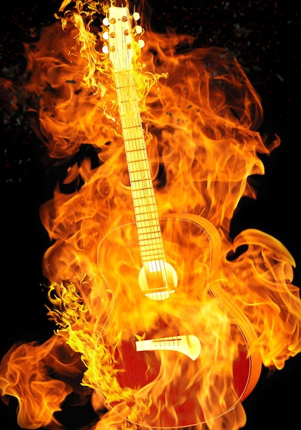 Guitarra ardiente sobre fondo negro aislado