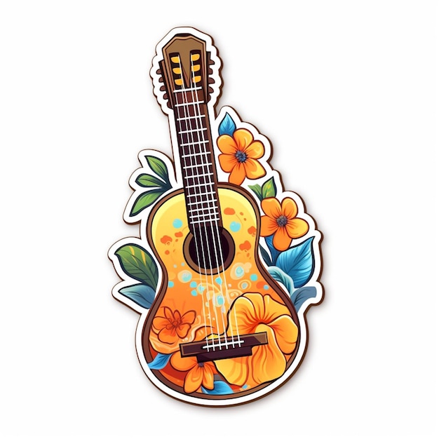 Foto guitarra arrafada com flores e folhas em um fundo branco