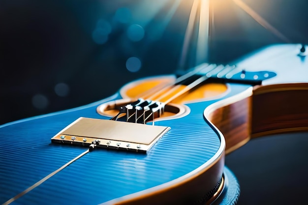 Una guitarra azul con una cubierta azul se sienta en un escenario.