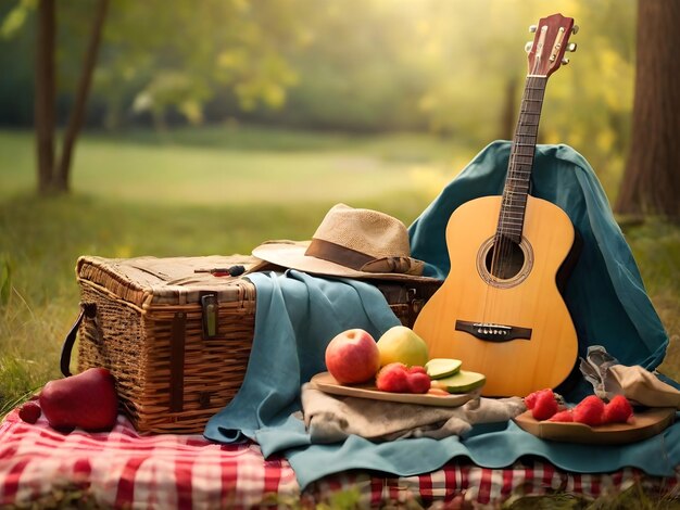 La guitarra y la canasta de picnic en una manta