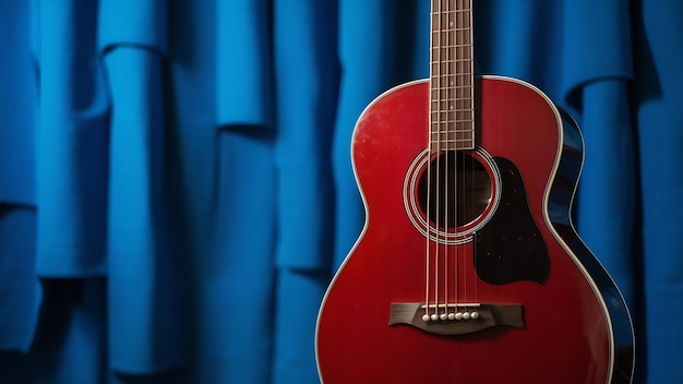 Guitarra clásica acústica roja sobre un fondo azul