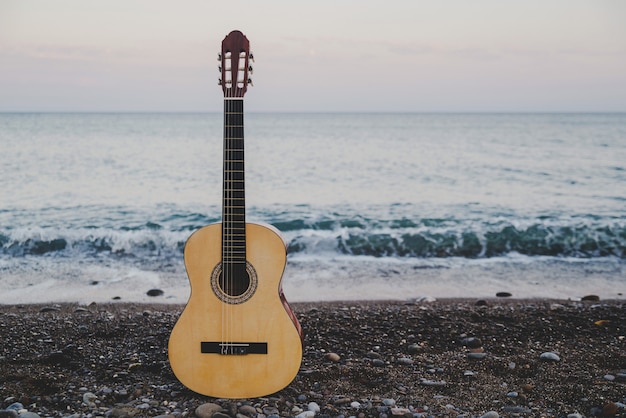 Guitarra clásica en la playa con vistas al mar.