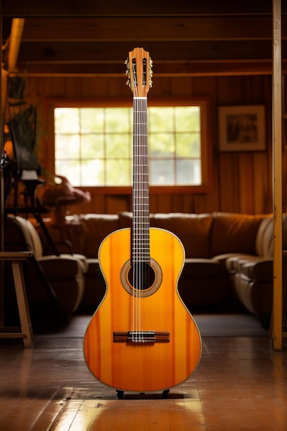 Una guitarra clásica se sienta en un piso de madera en una sala de estar