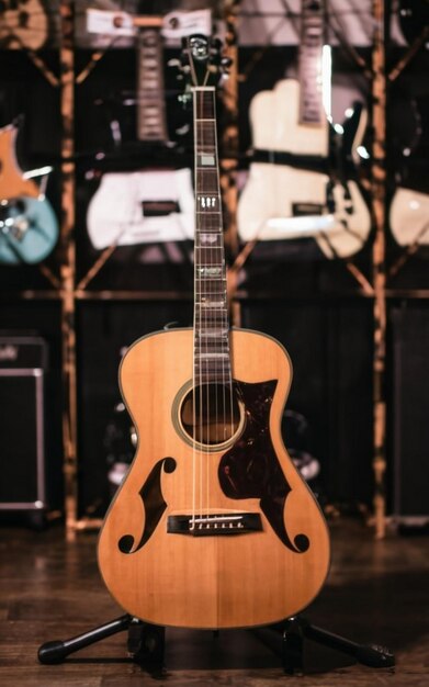 Guitarra clássica em close-up dramaticamente iluminada em um fundo preto com espaço de cópia