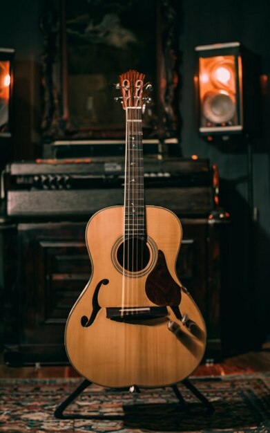 Foto guitarra clássica em close-up dramaticamente iluminada em um fundo preto com espaço de cópia