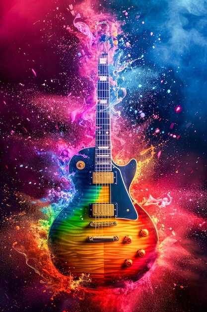 Foto la guitarra de color arco iris que es eléctrica