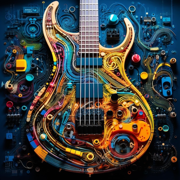 guitarra de colores brillantes con muchos detalles en ella ai generativa