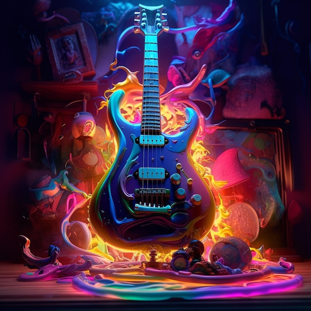 Una guitarra colorida está iluminada con una calavera.