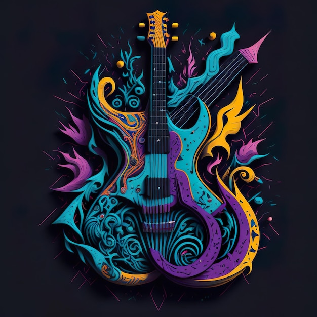 Una guitarra colorida con fondo negro y diseño azul y amarillo.