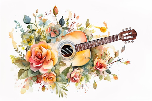 Guitarra com flores Ilustração em aquarela desenhada à mão isolada no fundo branco IA generativa