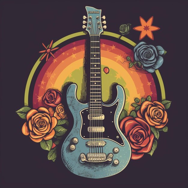 Foto guitarra com rosas e estrelas-do-mar em um fundo preto generativo ai