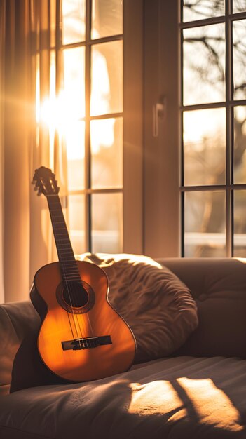 Foto guitarra debaixo do sofá ao nascer do sol