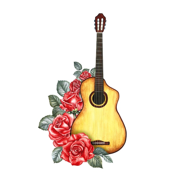 Una guitarra decorada con rosas rojas La ilustración en acuarela está dibujada a mano Aislar