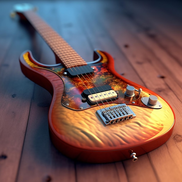 Foto una guitarra con un diseño de llama está sobre un suelo de madera.