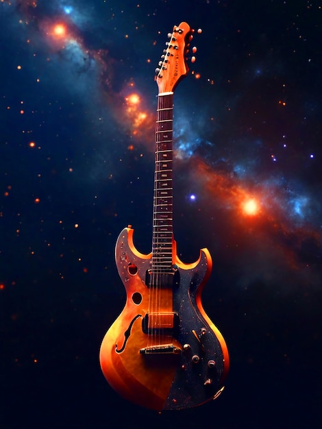 guitarra disparando notas musicales a una estrella en el espacio en imagen de calidad 4k