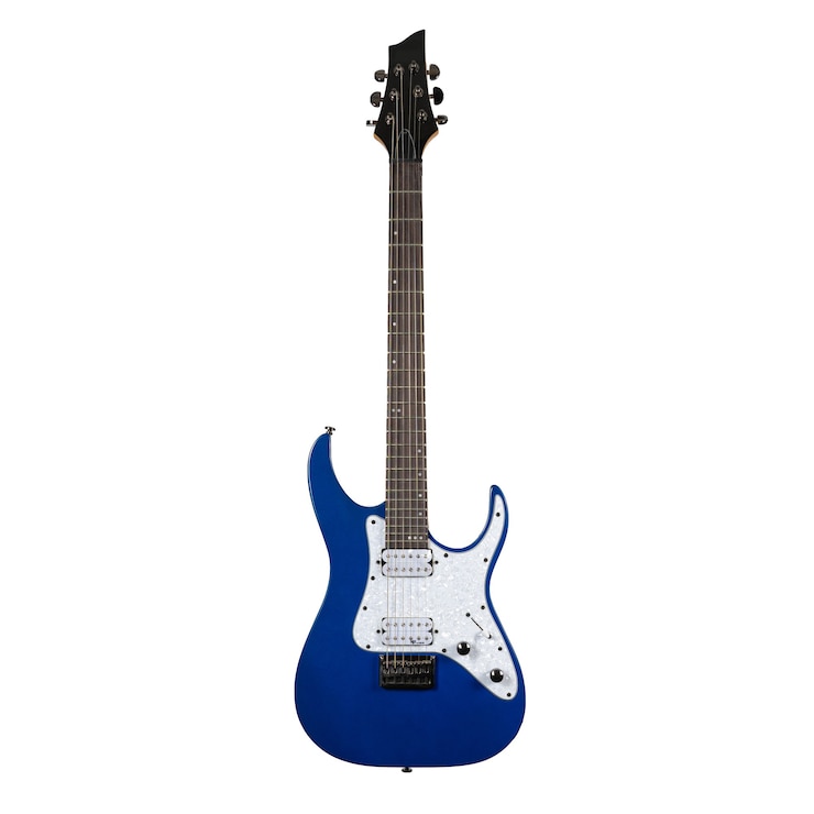 Foto guitarra eléctrica azul aislado sobre fondo blanco.