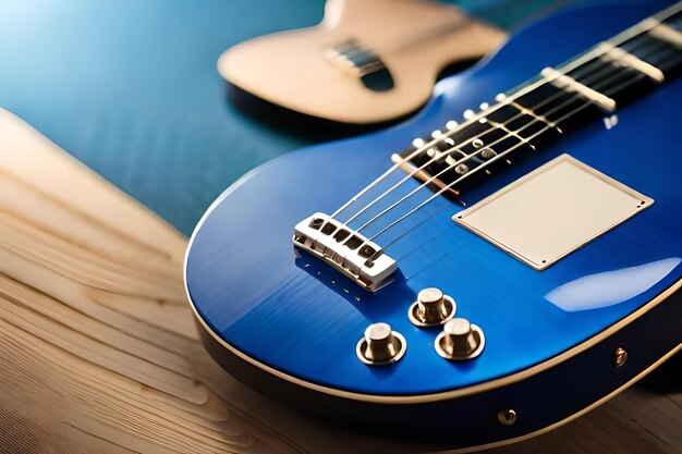 Una guitarra eléctrica azul con una pequeña pantalla en el frente.