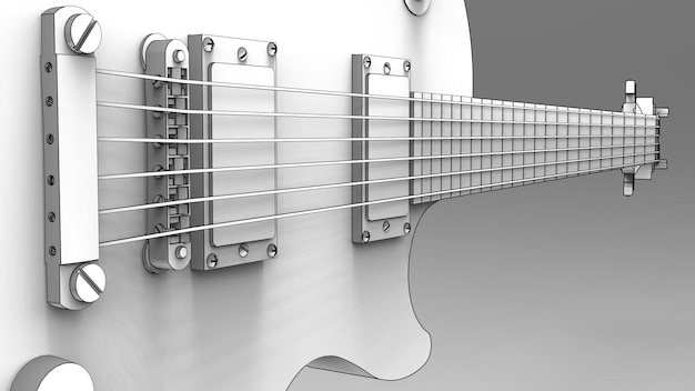 Guitarra eléctrica blanca con líneas negras sobre fondo gris. Representación 3D.