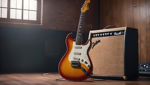 una guitarra eléctrica clásica apoyada contra un amplificador vintage capturando la esencia del rock and roll