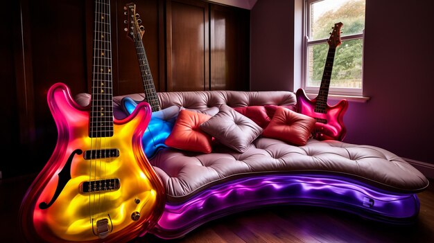 Guitarra eléctrica contra una pared de ladrillo en luz de neón ilustración 3d