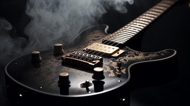 Guitarra eléctrica con humo sobre un fondo negro ai generativo