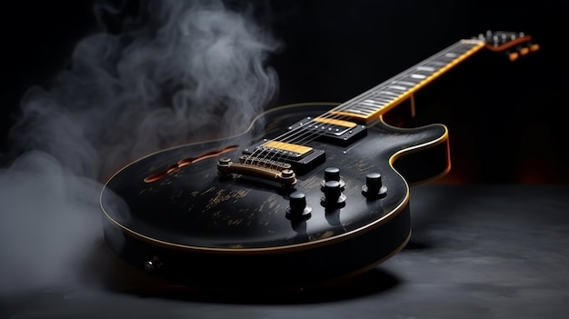 Guitarra eléctrica con humo sobre un fondo negro ai generativo