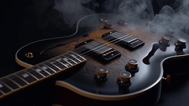 Guitarra eléctrica con humo sobre un fondo negro ai generativo